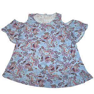 Story Teller Blouse Womens 2X Blue Cold Shoulder Paisley Fairy Flowy Boho Top